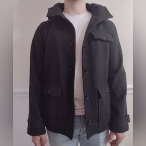 Y2K American Eagle Men's 90's Vintage Wool Blend Hooded Coat Size small